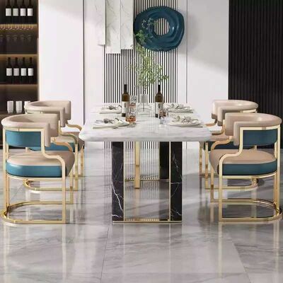 Luxury Style Metal Leather Dining Table And Chairs Iron Gilded Legs Leather Seat OEM
