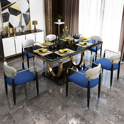 Navy Blue Metal Frame Dining Table And Chairs For Small Spaces Tufted Leather 58x58x73CM