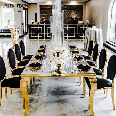Bon prix Table de mariage d'hôtel de luxe et jambe d'acier inoxydable de chaises avec le dessus morrored en ligne