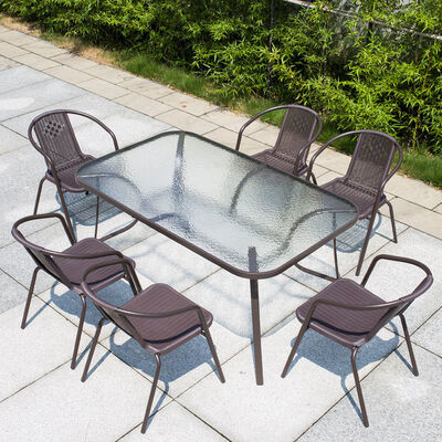 Bon prix Chaises de patio en rotin Table rectangulaire extérieure Jardin Table à manger et ensemble de chaises en ligne